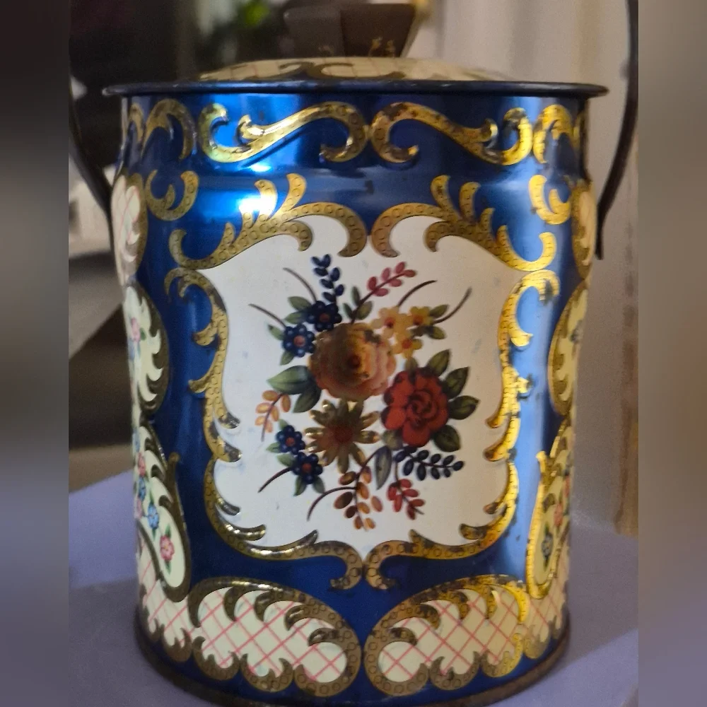 Vintage Murray-Allen Confections Kashmir Metal Tin w/ Lid & Handle Blue & Gold